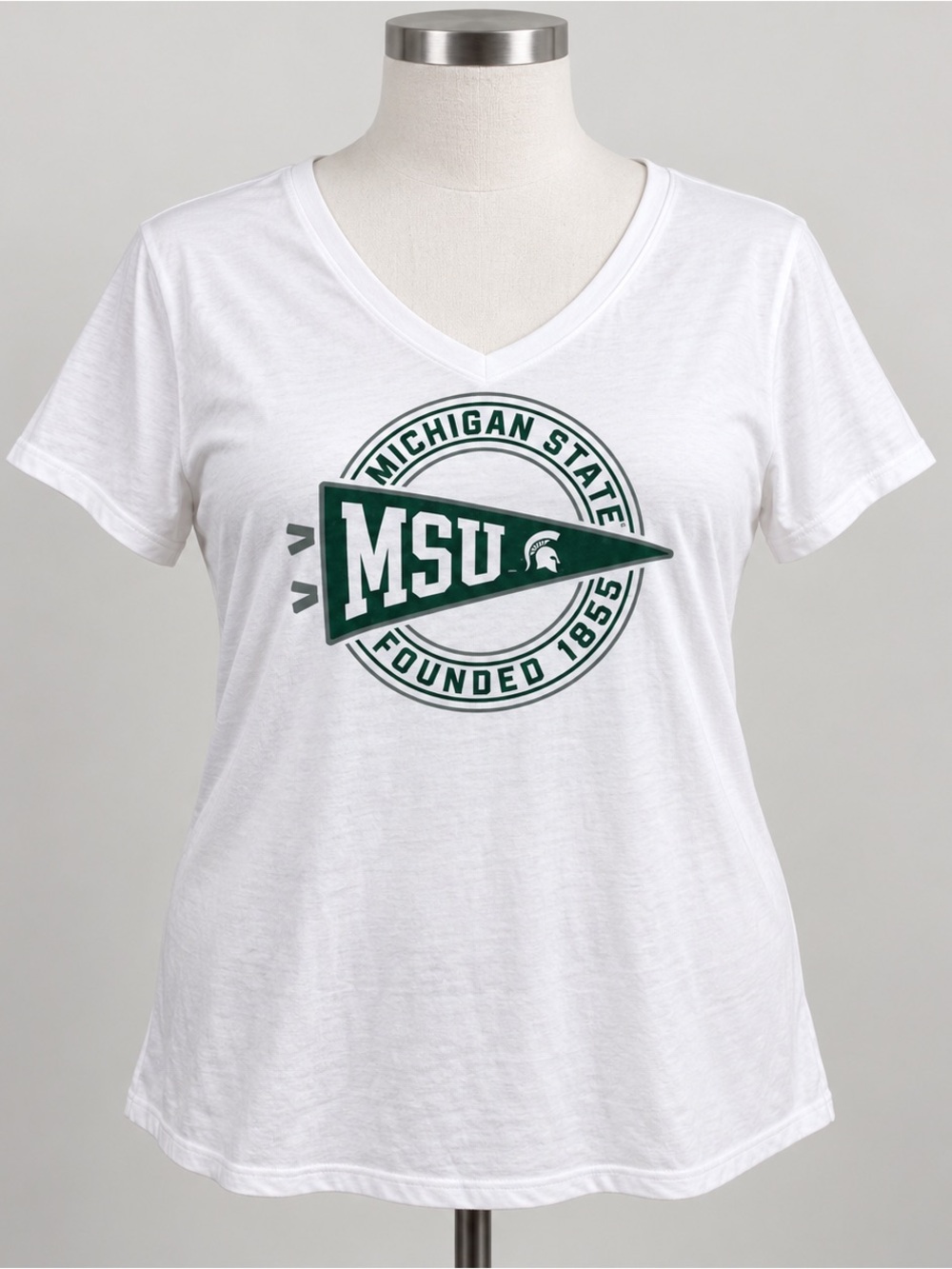 Source Unknown White V-Neck Tee with Green MSU Pennant
